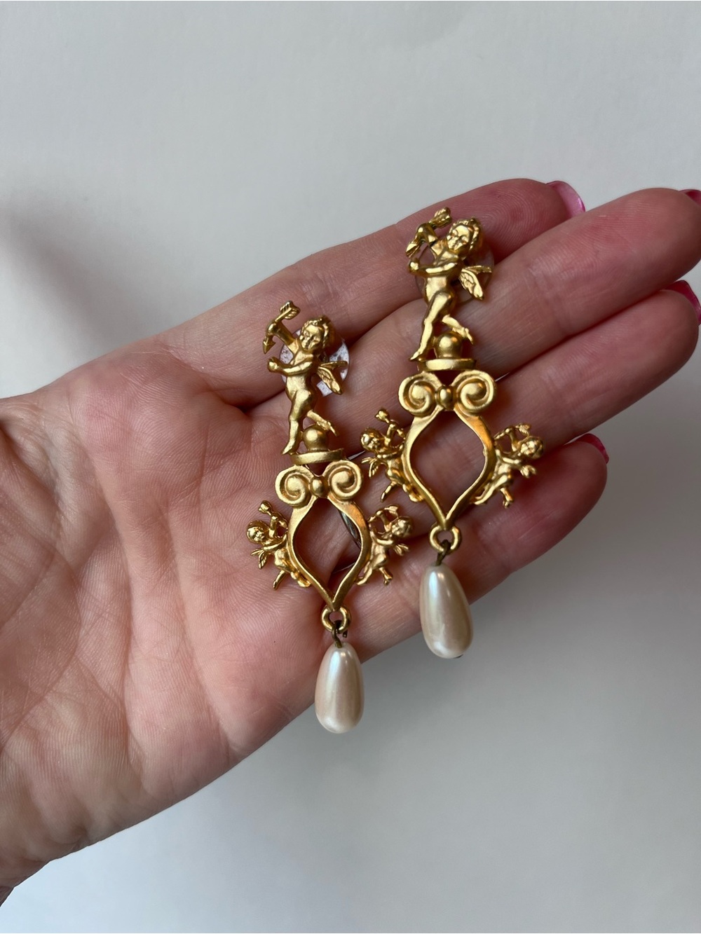 Cherub Baby Faux Pearl Gold Tone Earrings